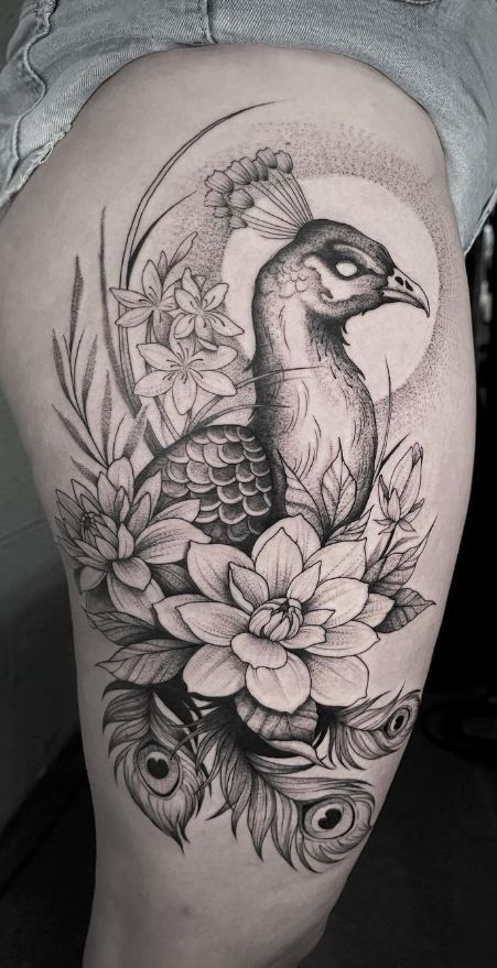 Peacock Upper Arm Tattoo, Black And Grey Peacock Tattoo, Peacock Flower Tattoo, Peacock Thigh Tattoo, Peacock Tattoo For Women, Peacock Tattoo Men, Pavo Real Tattoo, Peacock Tattoo Black And White, Peacock Tattoo Sleeve