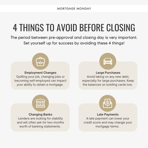 Keep your home purchase on track by avoiding these 4 things before closing day! 🚫 There are many steps to buying a home, from mortgage pre-approval to submitting an offer. ✔️ Once a seller accepts an offer, the escrow period begins. Before you're handed the keys on closing day, a lender has to approve the loan. Escrow doesn't close until the loan is funded and the final closing documents are signed. ⏰ This escrow period is crucial for the buyer! Lenders are paying very close attention durin Realtor Video Ideas, Loan Officer Marketing Ideas, Real Estate Marketing Quotes, Real Estate Slogans, Real Estate Marketing Plan, Real Estate Business Plan, Pre Approval, Mexico Real Estate, Realtor Social Media