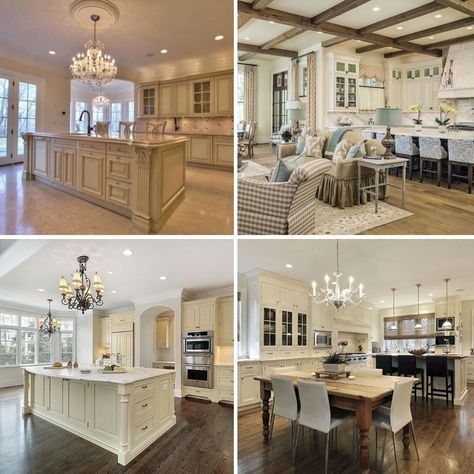 different kitchen designs with cream cabinets Cream Colored Kitchen Cabinets With Dark Countertops, Kitchens With Cream Cabinets, Cream Cabinets Kitchen, Kitchen Cabinets Cream, Cream Kitchen Ideas, Cream Cupboards, Cream Kitchens, Open Concept Kitchen Dining Room, Cream Colored Kitchens