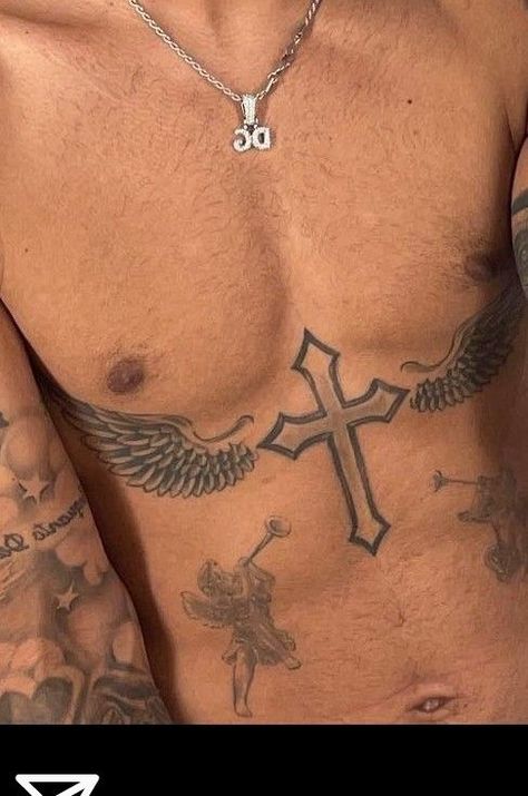 Cross In Middle Of Chest Tattoo, Cross Between Chest Tattoo, Cross Between Breast Tattoo, Tattoo Ideas For Teens Boys, Tattoo Peito, Forearm Name Tattoos, Rib Tattoos For Guys, Ab Tattoo, Simple Tattoos For Guys