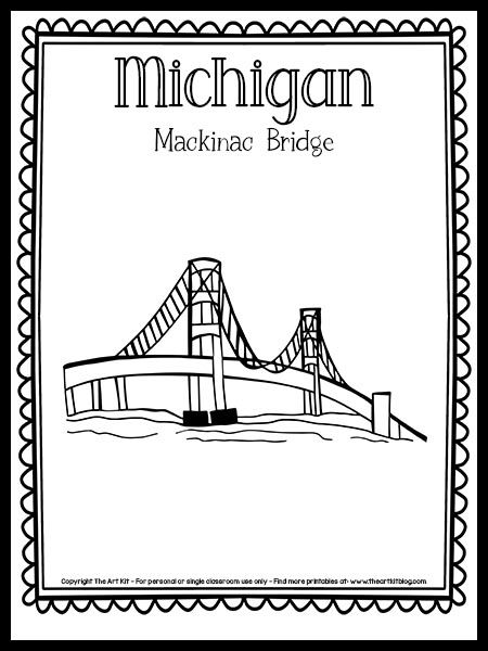 Michigan Mackinac Bridge Coloring Page {FREE Printable!} - The Art Kit Mackinac Bridge Drawing, Michigan Coloring Pages, Bridge Coloring Pages, Michigan Facts, State Project, Michigan Crafts, Michigan Camping, Room Activities, Mackinac Island Michigan