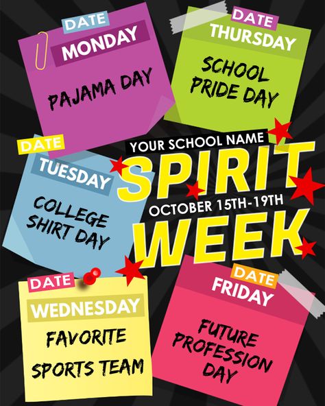 https://www.etsy.com/shop/DCMdesignsinc Student Council Activities, Spirit Week Flyer, Senior Year Things, Senior Week, Spirit Days, School Date, School Flyer, Pajama Day, Pride Day