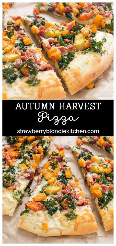 Autumn Harvest Pizza features roasted vegetables; butternut squash, carrots and garlic, buttery cheese, kale and pancetta to give you the best of fall in a fabulously delicious pizza! #stellacheese #pizza #pizzatime #butternutsquash AD  | Strawberry Blondie Kitchen Whole Wheat Pizza Crust Recipe, Harvest Pizza, Vegetable Flatbread, Fall Pizza, Strawberry Blondie, Whole Wheat Pizza, Pizza Crust Recipe, Pizza Recipes Homemade, Pizza Pizza