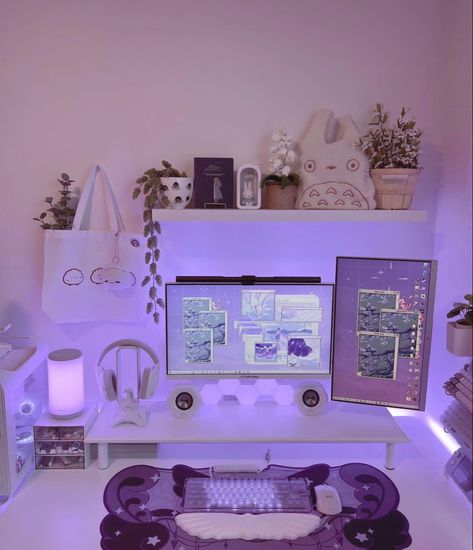 Lilac Desk Setup, Cute Dual Monitor Setup, Purple Pc Setup Aesthetic, Light Purple Gaming Setup, Lavender Desk Setup, White And Purple Gaming Setup, Pastel Purple Gaming Setup, Purple Set Up, Purple Desk Aesthetic