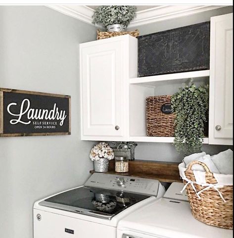 Shelf and Cabinet Black Laundry Room, Laundry Room Modern, Top Loader Laundry Room, Black Laundry, Grey Laundry Rooms, Self Service Laundry, Laundry Room Wall Decor, Laundry Room Renovation, Laundry Room Remodel