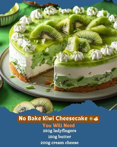 Easy Diabetic Recipes | This refreshing Kiwi Torte is perfect for warm days and requires no baking | Facebook Overripe Kiwi Recipes, Kiwi Cheesecake, Bussin Food, Kiwi Recipes, Cheesecake Recipes Classic, Creamy Cheese, Cheesecake Recipes, No Bake, Afternoon Tea