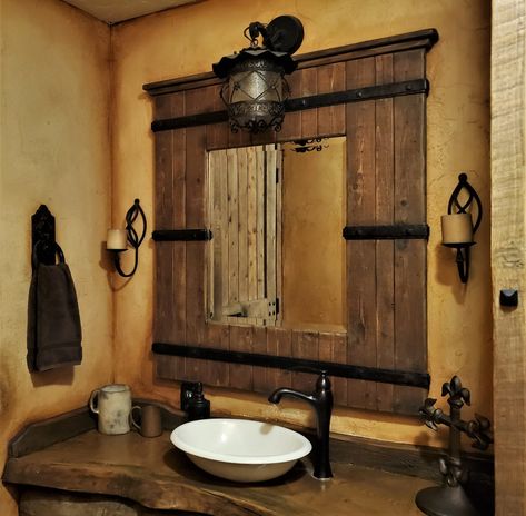 4" Flat Bar Strapping – Old West Iron Small Rustic Bathroom Ideas, Barn Wood Mirror, Counter Edges, Western Bathroom, Shelf Edge, Bathtub Decor, Rustic Light Fixtures, Rustic Bathroom Designs, Bathroom Farmhouse Style