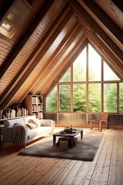 Pitch Roof Interior, High Roof Living Room, Attic Living Room Sloped Ceiling, Attic Bedroom Ideas Aesthetic, Nook In Bedroom, Reading Nook In Bedroom, Attic Living Room, Attic Room Ideas, Read Aesthetic