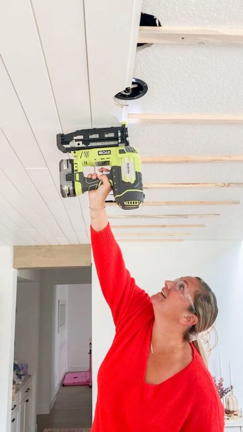 Are you wanting a tutorial on how to install shiplap on a ceiling? We are sharing a step-by-step tutorial on how we did this simple addition over a weekend! We just love how it looks in our dining room and I hope you'll give it a try! Nintendo Room, Ceiling Remodel, Hallway Ceiling, Wood Plank Ceiling, Installing Shiplap, Shiplap Ceiling, Plank Ceiling, Beadboard Ceiling, Basement Ceiling