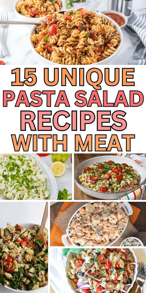 Easy summer pasta salad recipes with chicken, bacon, pepperoni, and ham! From Italian, Greek, Taco and more, these unique pasta salads are sure to be a hit. On hot summer days, nothing beats cold pasta salad, and these recipes with meat are meals on their own! Pasta salad with chicken recipes, greek tortellini pasta salad with chicken, easy pasta salad recipes with meat, pasta salad recipes with pepperoni, pasta salad recipes with ham and turkey, cold pasta salad recipes with bacon and ... Pasta Salad Recipes With Ham, Salad Recipes With Meat, Pasta Salad Recipes With Pepperoni, Pasta Salad Recipes With Chicken, Salad With Chicken Recipes, Chicken Recipes Greek, Salads With Meat, Recipes With Pepperoni, Meat Pasta Salad