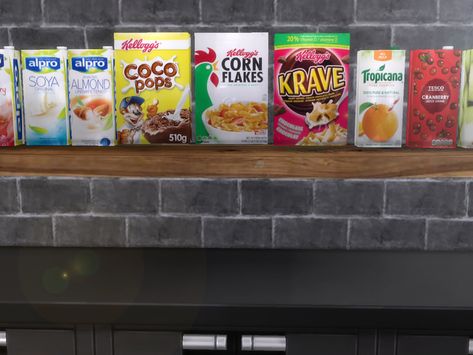 Sims Room, Around The Sims 4, Breakfast Essentials, Milk Cartons, Sims 4 Clutter, Fish Sticks, Cereal Boxes, The Sims 4 Packs, Breakfast Set