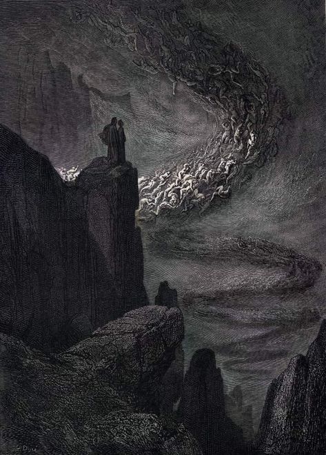 Inferno Canto 5, The Souls of the Lustful Swept up in Eternal Wind - Gustave Dorè, 1866. Gustav Dore Wallpaper, Dante’s Inferno Aesthetic, Dante’s Inferno, Gustave Dore Divine Comedy, Gustave Dore Illustrations, Gustav Dore, Inferno Dante, Paul Gustave Doré, Gustavo Dore