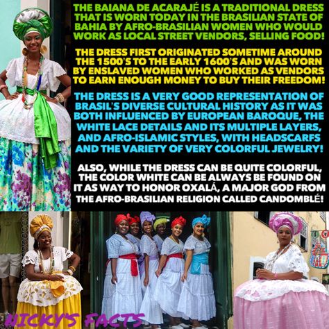 The Baiana dress is a gorgeous example of Brasilian culture, as it combines the feminine styles of different cultures to form a new unique look! 🇧🇷 #brasil #traditionaldress #bahia #history #brazilianhistory #feminine #fashion #worldfashion #clothing #blackgirlmagic #brazil #streetvendors #brazilianculture #traditionalfemininity #oxalá #brasil #blackhistory #candomblé #blackfemininity #traditionalfashion #womensfashion #afrobrasil #dress #baianadeacarajé #brazilian #nickysfacts Brazilian Clothing, Traditional Femininity, Street Vendor, Feminine Fashion, Black Femininity, Different Cultures, Traditional Fashion, Dress First, Traditional Dresses