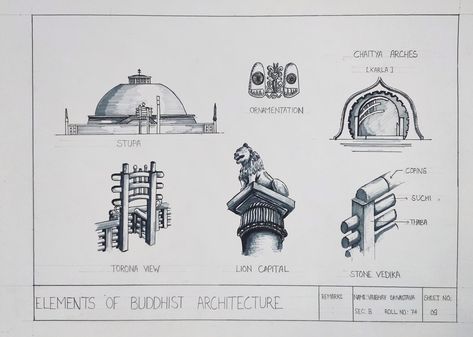 Buddhist Architecture Sketches, Indo Islamic Architecture, Vedic Architecture, Great Stupa At Sanchi, Architectural Sheets, History Book Cover, Buddhist Architecture, History Exhibition, Interior Design History