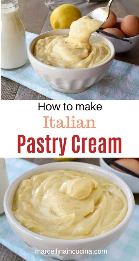 A thick and creamy Italian pastry cream that is perfect for pastries and desserts. This Italian version of creme patissiere has a delicate lemon and vanilla flavour and can be adapted to make other flavours such as chocolate or coffee. #italianpastry cream #crema pasticcera #cremepat #cremepatissiere #pastrycream #custard #vanillapastrycream Italian Pastry Cream Custard Filling, Italian Custard Cream, Italian Cream Puffs With Custard Filling, Homemade Whipped Cream Easy, Italian Pastry Cream Recipe, Pastry Custard, Easy Homemade Whipped Cream, Italian Pastry Cream, Yolk Recipes