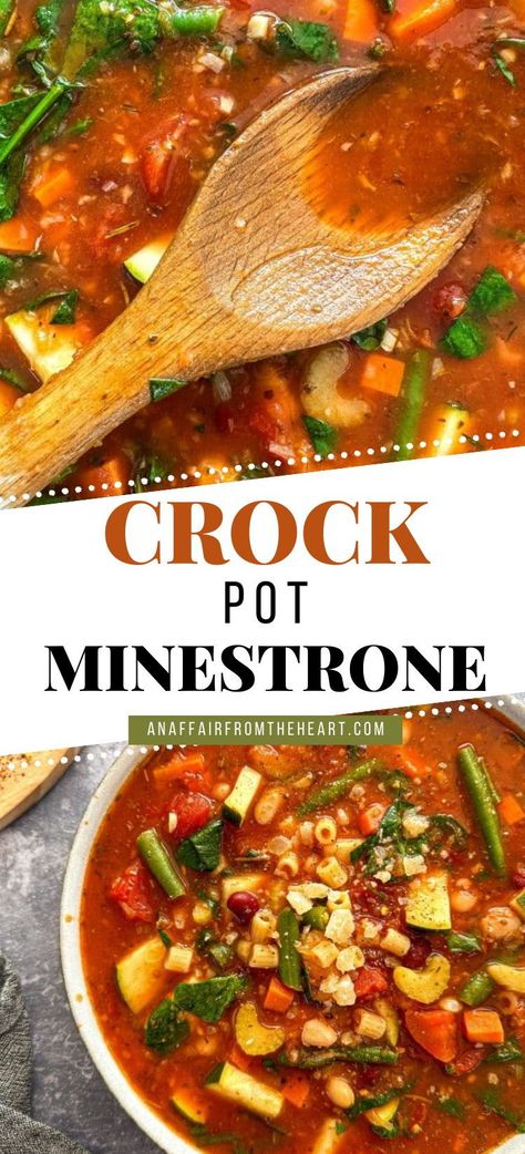 This Minestrone Soup is chock full of fresh vegetables, and so simple to make. Everything, including a jar of pasta sauce, goes right in the crock pot so you can set it and forget it, making this the perfect soup recipe for busy weeknights to lazy weekends. Italian Minestrone Soup Crockpot, Beef Minestrone Soup Crockpot, Minnestonie Soup, Homemade Minestrone Soup, Minastonie Soup, Crockpot Minestrone Soup Recipe, Ministroni Soup Recipe, Crock Pot Minestrone Soup, Minestrone Soup Recipe Crockpot