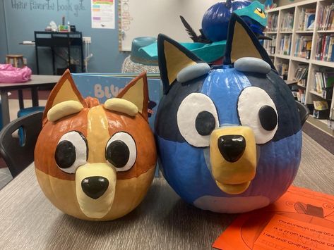 Best Decorated Pumpkin Ideas, Bluey Themed Pumpkins, Pumpkin Decorating Ideas Bluey, Bluey And Bingo Pumpkin, Bluey Character Pumpkins, Painted Pumpkin Ideas Bluey, Bluey Bingo Pumpkin, Bluey Pumpkin Decorating, Bluey Cartoon Pumpkins