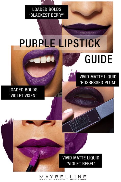 Just because it's starting to get cold out, doesn't mean you can't still rock a color on your lips! Purple lipstick is gorgeous for fall and you can go as vibrant or as vampy as you want.  Maybelline has purple lipsticks for every look this season in a creamy, opaque finish with the Color Sensational Loaded Bolds Lipsticks or a super hydrating, matte finish with the Color Sensational Vivid Matte Liquid Lipsticks. Maybelline Purple Lipstick, Purple Lipstick Black Women, Purple Lipstick Looks, Purple Lipstick Makeup, Deep Purple Lipstick, Dark Purple Lipstick, Violet Lipstick, Lipstick Guide, Drugstore Lips