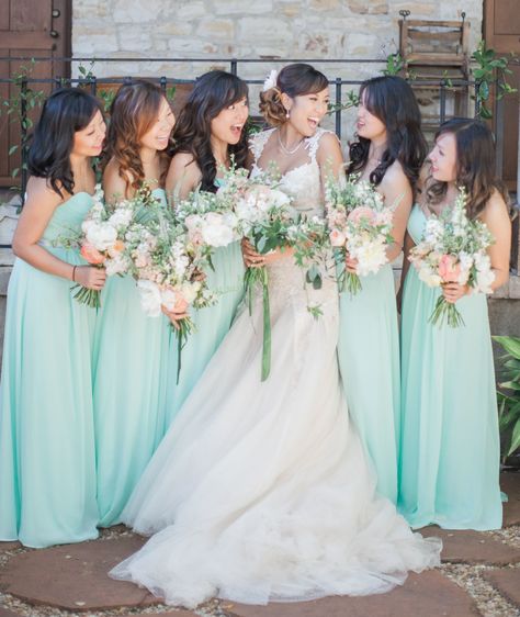 Clane Gessel Photography April Wedding Colors, Tiffany Blue Bridesmaid Dresses, Blue Wedding Details, Tiffany Blue Wedding Theme, Tiffany Blue Weddings, Peach Bridesmaid Dresses, White Bridal Gown, Tiffany Blue Wedding, Aqua Wedding