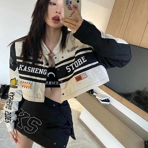 Race Car Jacket, Car Jacket, Aespa Core, Jennie Style, Baseball Jacket Women, Print Outerwear, Couple Jacket, Varsity Jacket Women, Stand Collar Coat