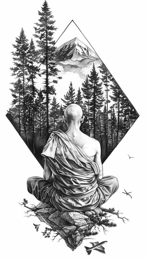 Meditating Monk Tattoo, Buddhist Tattoo Ideas, Monk Tattoo Design, Meditation Tattoo Design, Diamond Shape Tattoo, Meditating Tattoo, Concept Art Tattoo, Monk Drawing, Concept Tattoo Design