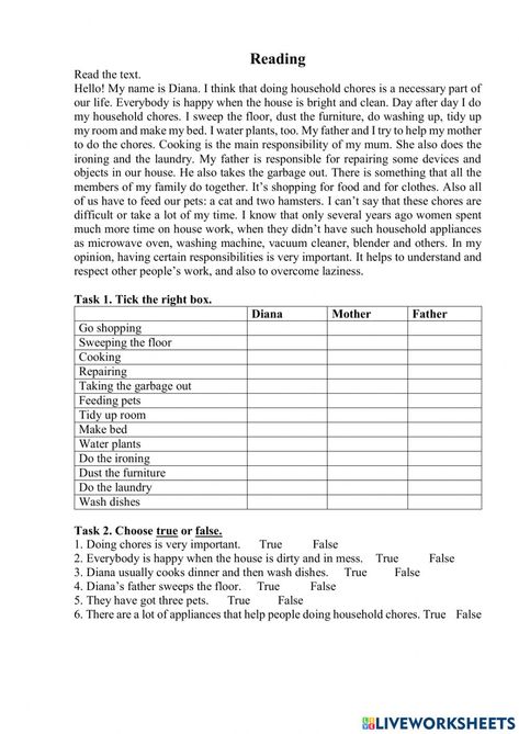 Household chores online worksheet for Grade 7. You can do the exercises online or download the worksheet as pdf. Grade 7 Comprehension Worksheets, 7 Grade Worksheets, Reading Test Worksheet, Comprehension Exercises Grade 7, House Hold Chores Worksheet, Grade 7 English Worksheets, English Worksheet Grade 3, 7th Grade Worksheets Free Printable, Grade 7 Reading Comprehension Worksheets