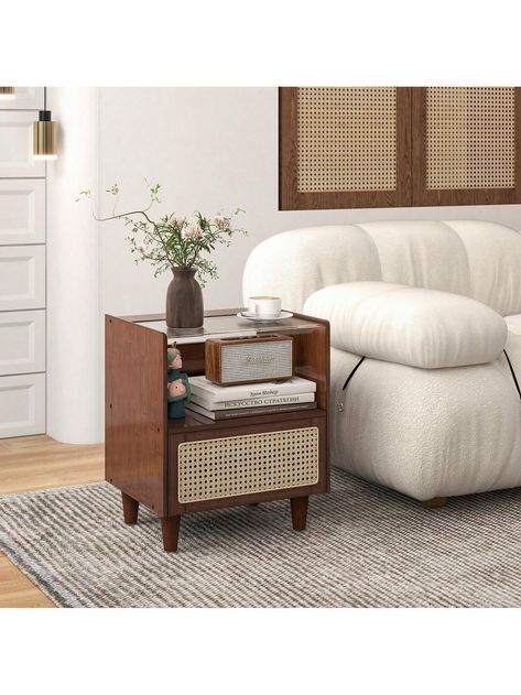 Bamboo Rattan Nightstand With Drawer And Solid Wood LegsI discovered amazing products on SHEIN.com, come check them out! Nightstand Boho, Boho Bedside Table, Boho Nightstand, Rattan Nightstand, Side Tables For Bedroom, Natural Living Room, Side Table With Drawer, Rattan Sofa, Sofa Side Table