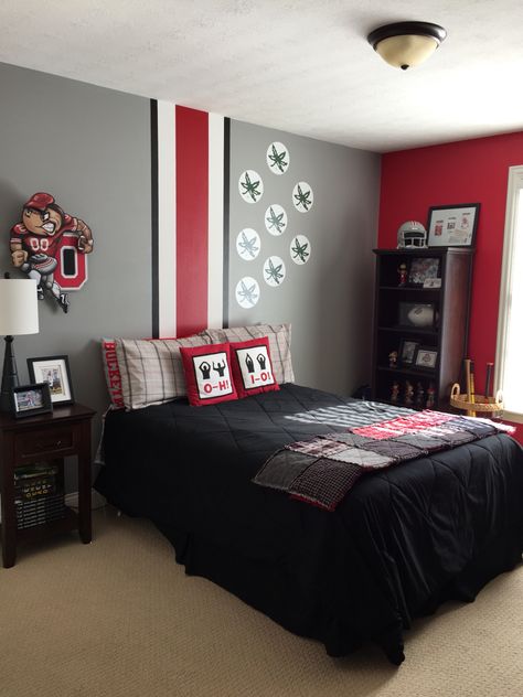 Boys bedroom. Go bucks! Boys Red Bedroom Ideas, Red Accent Wall Bedroom Boys, Red Bedroom Ideas For Boys, Boys Red Bedroom, Red Boys Room, Ohio State Bedroom, Ohio State Rooms, Black Boy Room, Red Boys Bedroom