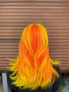 Orange Yellow Pink Hair, Neon Pink And Yellow Hair, Orange Hair With Yellow Highlights, Neon Orange Hair Color, Yellow Orange Red Hair, Neon Yellow Hair Color, Natural Vivid Hair Color, Yellow To Orange Hair, Neon Color Hair