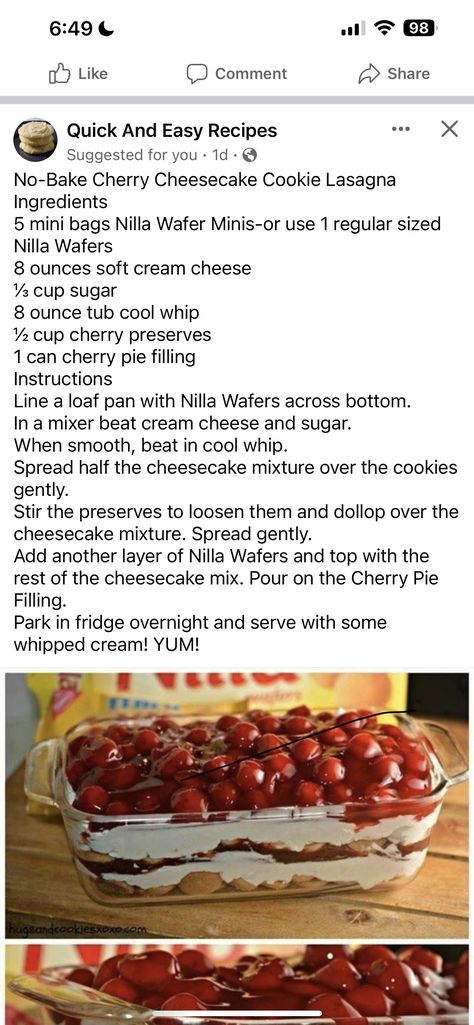 Cookie Lasagna, No Bake Cherry Cheesecake, Cheesecake Mix, Cherry Preserves, Lasagna Ingredients, Canned Cherries, Nilla Wafers, Cherry Cheesecake, Strawberry Pie