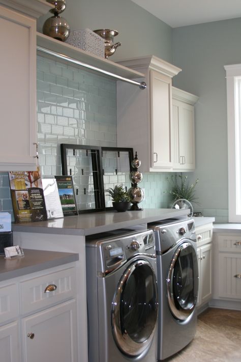 Love the glass tile. Gray Washer And Dryer, Laundry Room Wall Ideas, Scandinavian Laundry Room, Room Wall Ideas, Room Tiles Design, Perfect Laundry Room, Laundry Room Tile, Laundry Mudroom, Laundry Room Storage Shelves