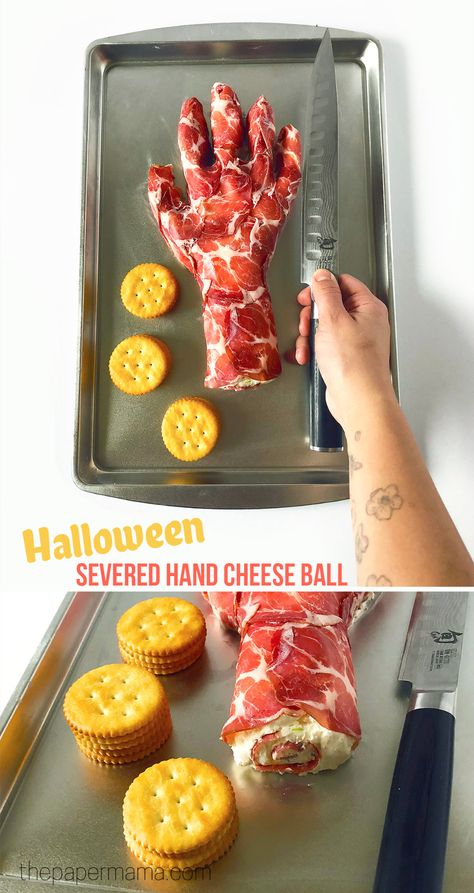 Halloween Appetizers Cheese Ball, Halloween Food For Party Buffet, Frankenstein Cheese Ball, Halloween Meat And Cheese Hand, Procuitto Hand Halloween, Halloween Vegetable Tray Ideas, Cheese Ball Recipes Halloween, Severed Hand Cheese Ball, Cheese Hand Halloween