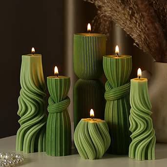 Threlaco 6 Pcs Small Pillar Candles Aesthetic Candle Modern Ribbed Candles Set Cute Soy Wax Scented Ribbed Candle Twirl Geometric Decorative Candles for Home Decor for Living Room Bathroom(Green) Wax Candles Ideas, Green Room Aesthetic, Edible Backyard, Ribbed Candles, Pillar Candle Decor, Candle Modern, Bathroom Green, Aesthetic Candle, Candles Decor