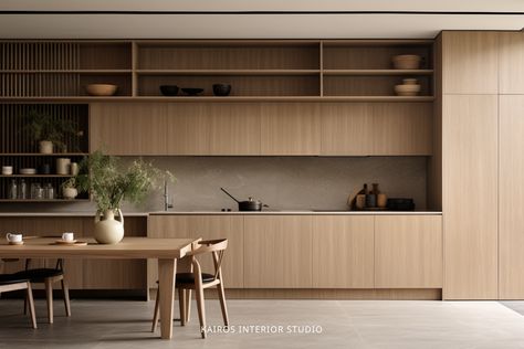 Muji Interior Design, Modern Scandinavian Kitchen, Modern Kitchen Island Design, Warm Wood Tones, Japandi Kitchen, Showroom Inspiration, Japandi Living Room, Japandi Interior Design, Japandi Interiors