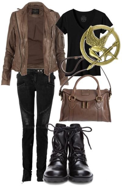 Katniss Everdeen Katniss Halloween Costume, Katniss Everdeen Outfit, Katniss Outfit, Leder Jacket, Katniss Costume, Queer Outfits, Games Outfits, Hunger Games Outfits, Mockingjay Pin