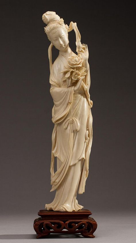 Chinese Carved Ivory Kwan Yin 11" Figure on Wooden Base Chinese Sculpture Ancient, Chinese Sculpture, Asian Sculptures, Kwan Yin, Jade Carving, Stone Crafts, Ancient Chinese, Chinese Art, Three Dimensional