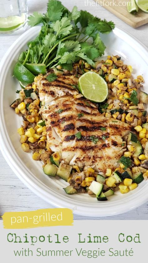 This easy southwestern white fish recipe with chipotle and lime takes just 10 mintues to make in a skillet! Corn, zucchini and other summer veggies make a nice "cook in the same pan" side dish! Visit thefitfork.com for more fish recipes, one dish recipes, skillet meals and clean eating ideas. Mexican Cod Recipes, Grilled Cod Recipes, Cod Recipes Healthy, Easy Fish Dinners, Corn Zucchini, Grilled Cod, Skillet Corn, Seafood Meals, White Fish Recipes