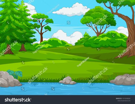 Forest scene with many trees and river illustration #Ad , #AFF, #scene#Forest#trees#illustration River Illustration, Jay Hind, Scenery Drawing For Kids, Trees Illustration, Heaven Painting, Background Landscape, Forest Backdrops, Drawing Lessons For Kids, School Painting