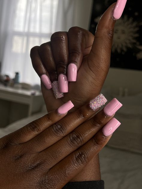 Plain Nails With Diamonds, Nail Art Ideas With Rhinestones, Short Pink Nails With Gems, Basic Rhinestone Nails, Pink With Diamonds Nails, Plain Pink Nails With Gems, Plain Pink Nails With Rhinestones, Pink Acrylic Nails With Gems, Basic Birthday Nails