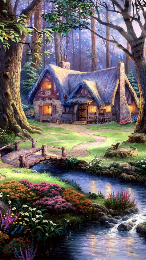 Thomas Kinkade Art, Thomas Kinkade Paintings, Kinkade Paintings, Cottage In The Woods, Cottage Art, Fantasy House, Thomas Kinkade, Fantasy Art Landscapes, Beautiful Nature Wallpaper