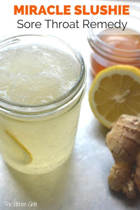 The Miracle Slushie Sore Throat Remedy - recipe created out of desperation for some serious, sore-throat relief. Made with all-natural ingredients. Kids love it as a summer slushie too! www.thekitchengirl.com Throat Relief, Sore Throat Relief, Throat Remedies, Sore Throat Remedies, Ginger Honey, Sick Remedies, Cold Remedies, Homemade Remedies, Sore Throat