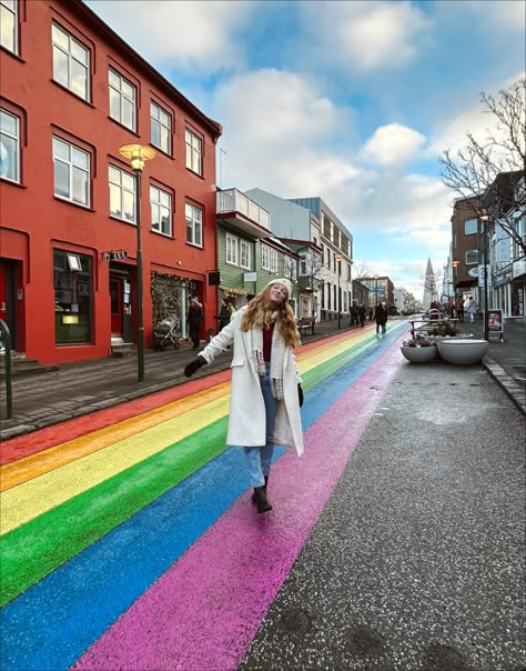 Rainbow Street Iceland, Reykjavik Iceland Outfit Winter, Iceland Inspo Pics, Iceland Instagram Story, Reykjavik Outfit, Iceland Travel Aesthetic, Iceland Picture Ideas, Iceland Instagram Pictures, Iceland Photo Ideas