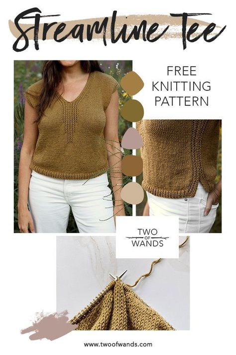 Streamline Tee Pattern by Two of Wands - knitting patterns Knitted Tshirt Pattern, Knit Shirt Pattern, Summer Knitting Patterns, Easy Knitting Patterns Free, Knit Top Patterns, Knitting Patterns Free Sweater, Beginner Knitting Patterns, Tees Pattern, Easy Knitting Patterns