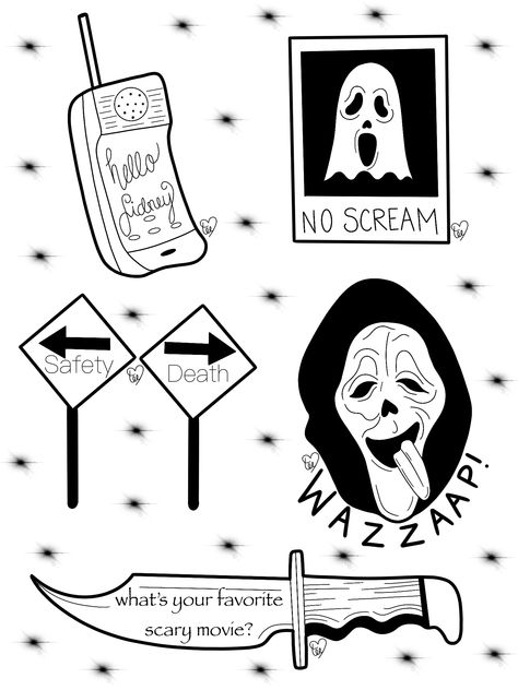 Scream Flash Art, Scream Tattoo Ghostface Outline, Small Horror Movie Tattoos Simple, Ghost Face Flash Tattoo, Ghostface Flash Tattoo, Scream Flash Tattoo, Minimalist Horror Tattoo, Mini Horror Tattoos, Horror Patchwork Tattoo