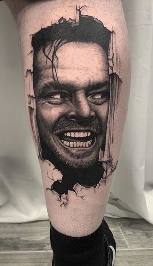 The Shining Tattoo Horror Tattoo Portrait, Horror Movie Tattoos Realism, Shining Tattoo Ideas, Horror Character Tattoos, Shinning Tattoos, The Shining Tattoo Ideas, Jack Nicholson Tattoo, The Conjuring Tattoo, Horror Realism Tattoo