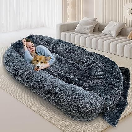 Amazon.com : Brubro Large Human Dog Bed for Adult,74.8"x47.3"x13.8" Human Sized Dog Bed for People and Pets,Removable and Washable Faux Fur Giant Dog Bed for Humans with Blanket & Pillow,Khaki : Pet Supplies Dog Bed Large Dogs, Human Sized Dog Bed, Giant Human Dog Bed, Dog Bed For People, Dog Bed For Humans, Giant Dog Bed, Dog Bed Big, Jumbo Pillow Pets, Dog Bean Bag