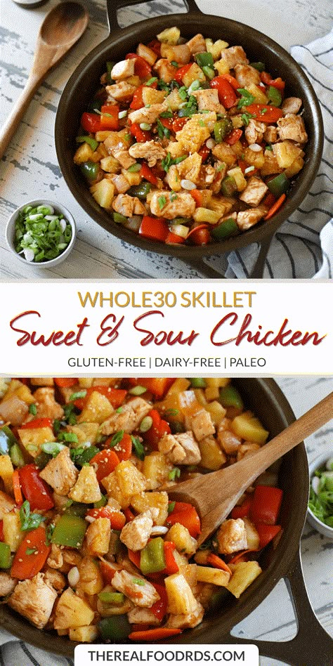 Skillet Sweet and Sour Chicken (Whole30) | gluten free dinner | dairy-free chicken recipe | paleo dinner recipe | paleo Asian food | healthy Asian food | gluten-free Asian chicken || The Real Food Dietitians #whole30recipes #glutenfreedinner Asian Food Healthy, Healthy Asian Food, Real Food Dietitians, Great Dinner Recipes, Healthy Asian, Healthy Asian Recipes, Sweet And Sour Chicken, Healthy Italian, Dinner Side