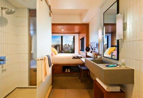 America’s “first micro hotel with 4-star design” packs big sty... Small Hotel Room, Nyc Hotels, Hotel Room Design, New York Hotels, Small Bedroom Designs, Cocktails Bar, Hotel Branding, Small Hotel, Interior Design Magazine