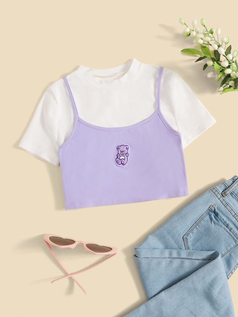 Crop Tops For Kids, Shein Kids, Belly Shirts, Bear Embroidery, Crop Cami Top, Girls Crop Tops, Shein Outfits, Trendy Outfits For Teens, Trendy Fashion Tops