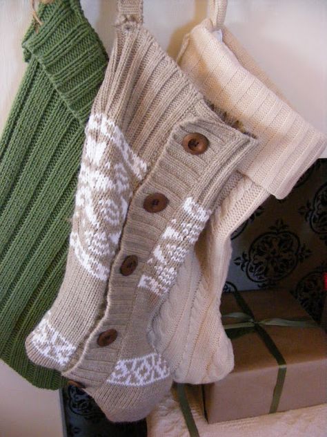 Great tutorial on Christmas Stockings from sweaters. (Her best tip, sew the stockings and THEN cut so the sweater doesn't unravel) Sweater Christmas Stockings, Christmas Stockings Diy, Diy Sweater, Old Sweater, Homemade Holiday, Navidad Diy, Holiday Stockings, Noel Christmas, Christmas Projects